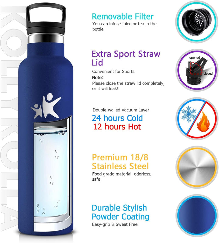 KollyKolla Trinkflasche Edelstahl 750ml, Isolierflasche mit Strohhalm, BPA-Frei, Kohlensäure Geeigne