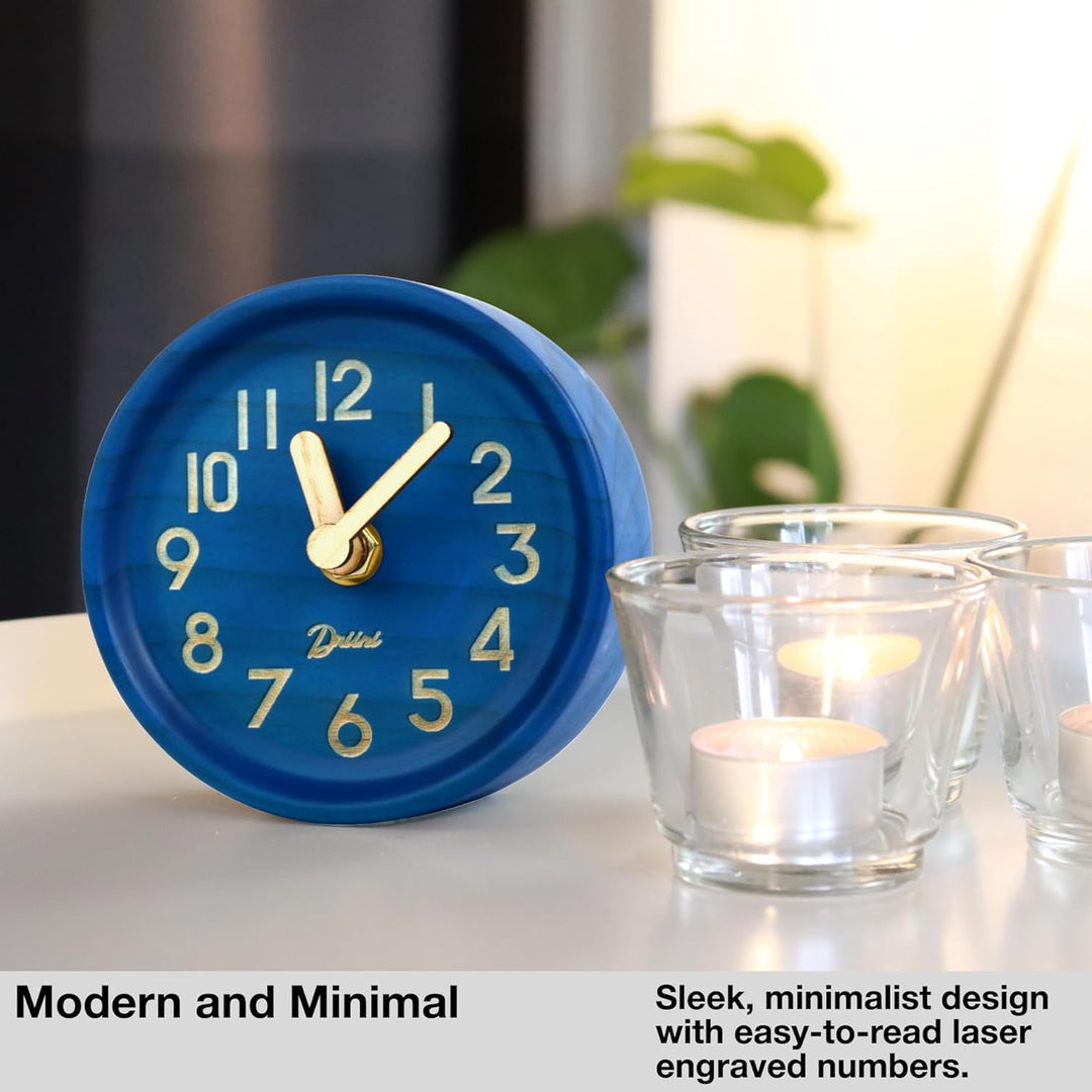 Driini Analoge Tischuhr aus Holz, 10,9 cm, dekorative Uhr aus Kiefernholz, kein Ticken, leicht zu le