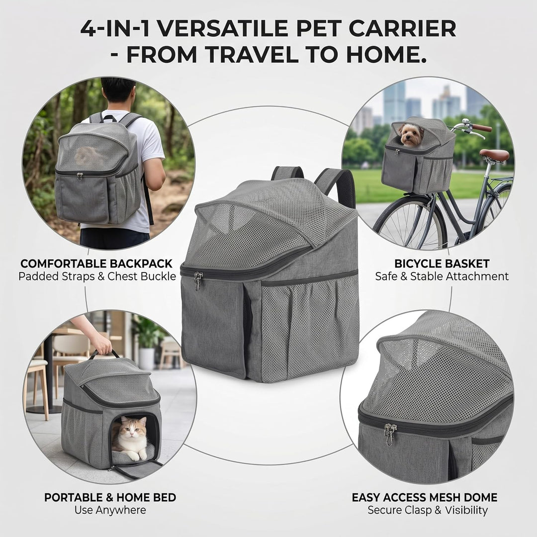 4-in-1-Fahrradkorb für Hunde und Katzen – mit Schnellverschluss umwandelbar in Rucksack, Handtasche