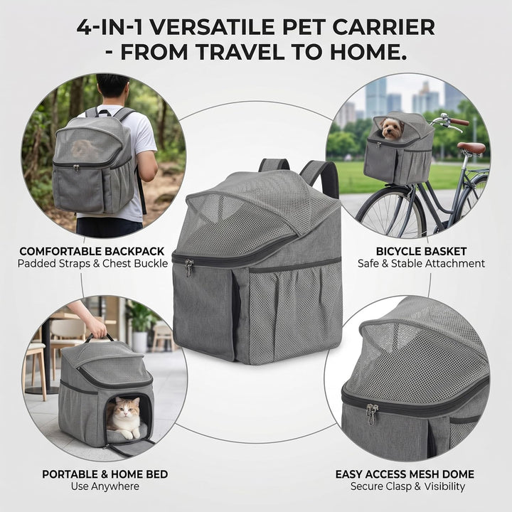4-in-1-Fahrradkorb für Hunde und Katzen – mit Schnellverschluss umwandelbar in Rucksack, Handtasche