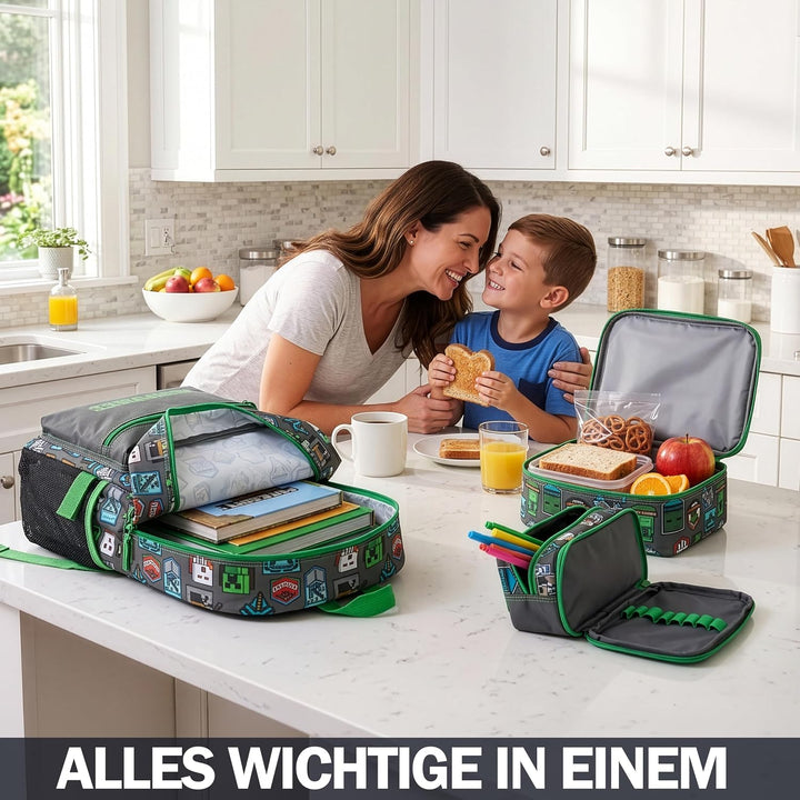 Get Trend Minecraft Grosser Rucksack Kinder 3er Set, 46 cm Kinderrucksack mit Federmäppchen und Isol