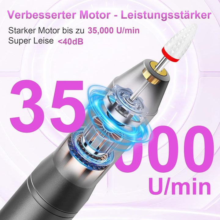 Nagelfräser Kabellose Elektrische Nagelfeile - 35000 U/Min Nagelfräser für Gelnägel, 12 IN 1 Profess