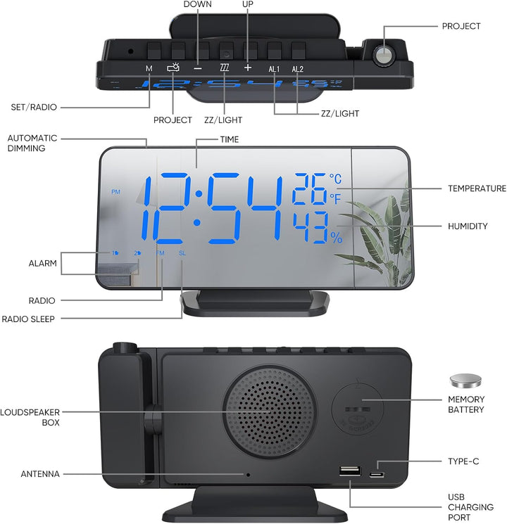 TAKRINK Wecker Digital Radiowecker mit 4 Stufen Bildschirmhelligkeit Projektionswecker mit Temperatu