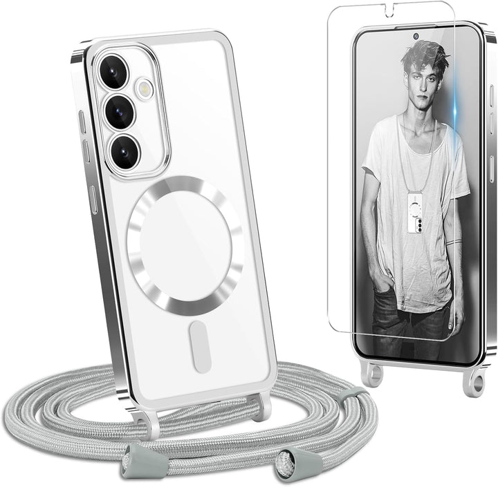 Handyband für Samsung Galaxy S25 Hülle mit Band + 1 Stück Glas Schutzfolie Transparent Silikon Handy