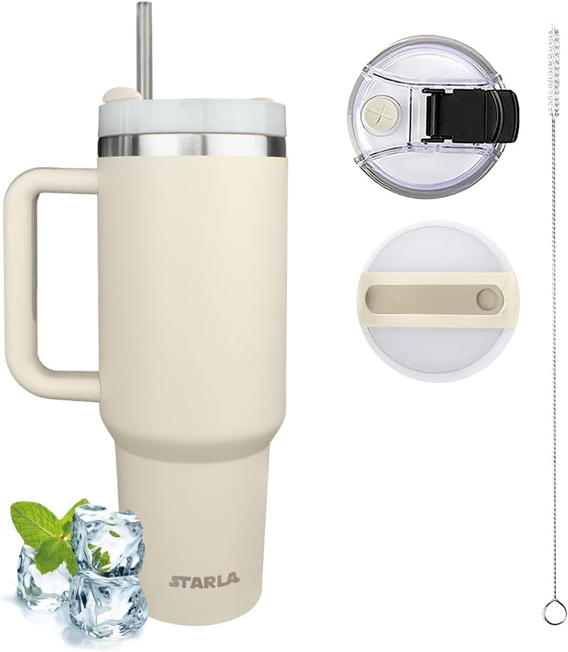 STARLA Thermobecher mit Strohhalm und Henkel 1,2l gross, 2 Deckel, auslaufsicher, Edelstahl Isolierb