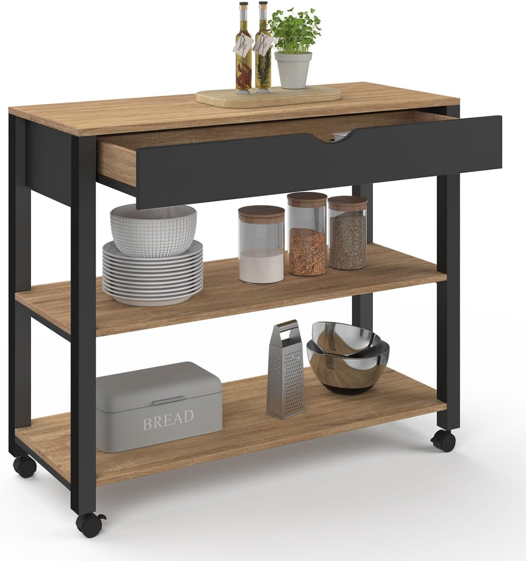 IDMarket - Küchenwagen PENH XXL mit Schublade und schwarzer Arbeitsplatte, Platten in Buche-Optik, L