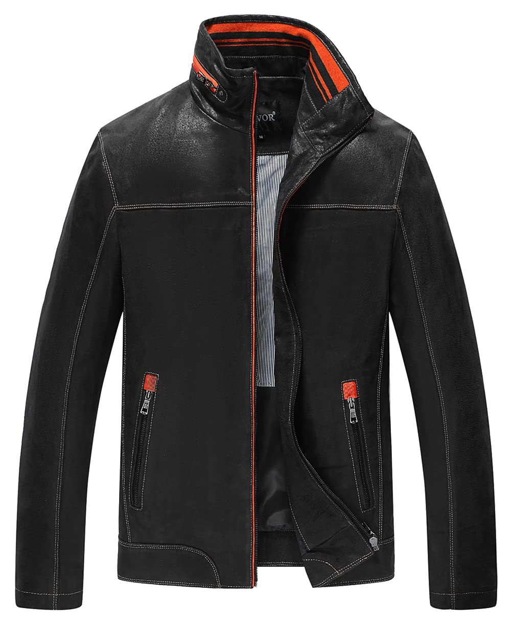 FLAVOR Echtes Leder Herren Lederjacke Stehkragen Blau Lässig M Schwarz, M Schwarz