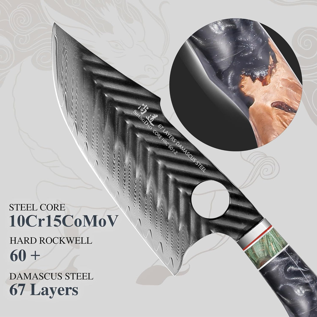 SHANGDAO Damaskus Fleischermesser Wikinger-Beil Ausbeinmesser Japanmesser mit Lederscheide, 17 cm, 6