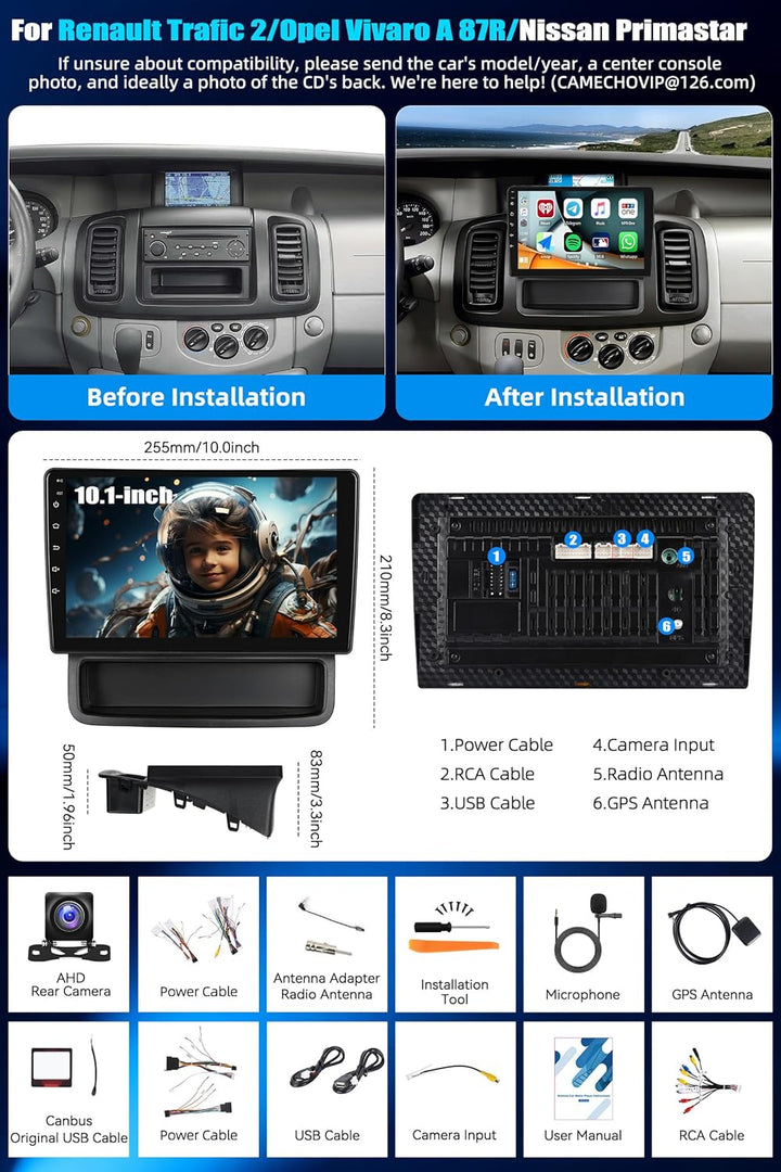 CAMECHO 2+64G Android 15 Autoradio für Opel Vivaro A 87R/Renault Trafic II Nissan Primastar mit Carp