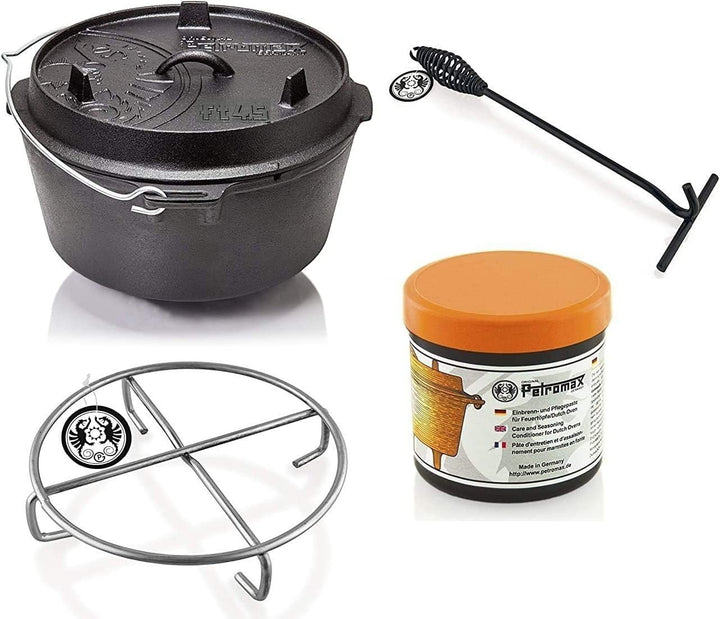 Petromax Feuertopf Starterset ft4.5-t (Dutch Oven Planer Boden) inkl. Deckelheber + Pflegepaste + Un