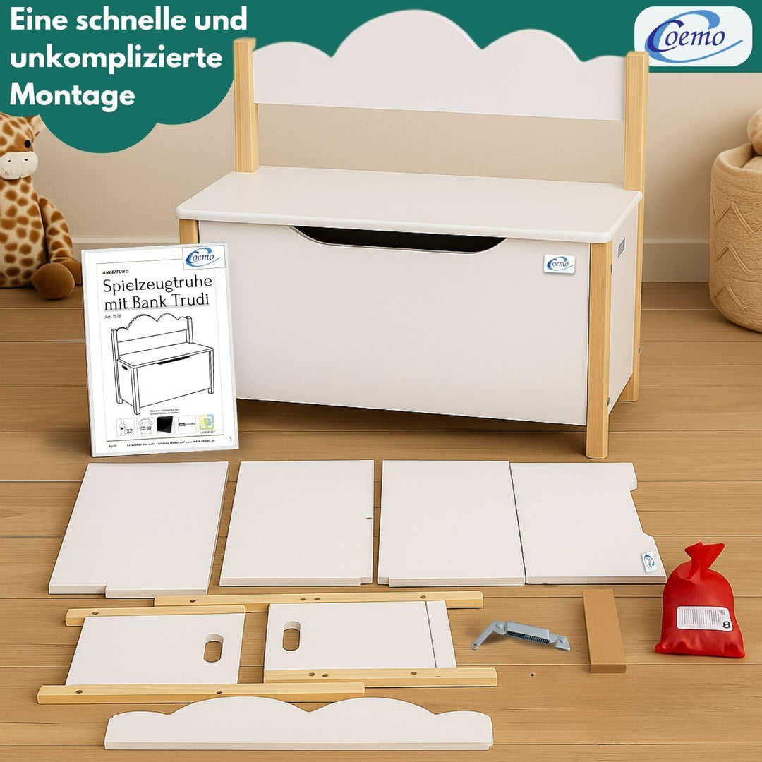 Coemo Spielzeugtruhe mit Sitzbank, Holztruhe Weiss Trudi 60×26×55 cm – Kinderzimmer Bank mit Staurau