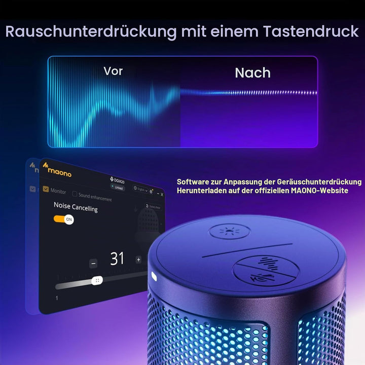 MAONO Gaming USB Mikrofon, Noise Cancellation Kondensator Mic mit Mute, Gain, Monitoring, Galgenarm,