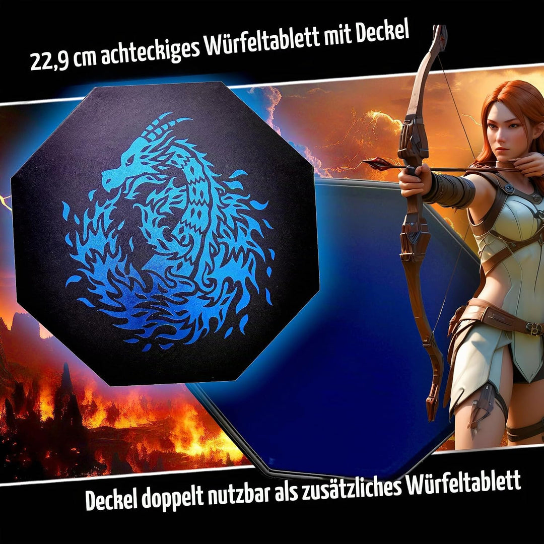 Fantasydice - Feuerdrache - Würfeltablett - 20 cm achteckig mit Deckel und Würfelfelfel-Bereich - fü