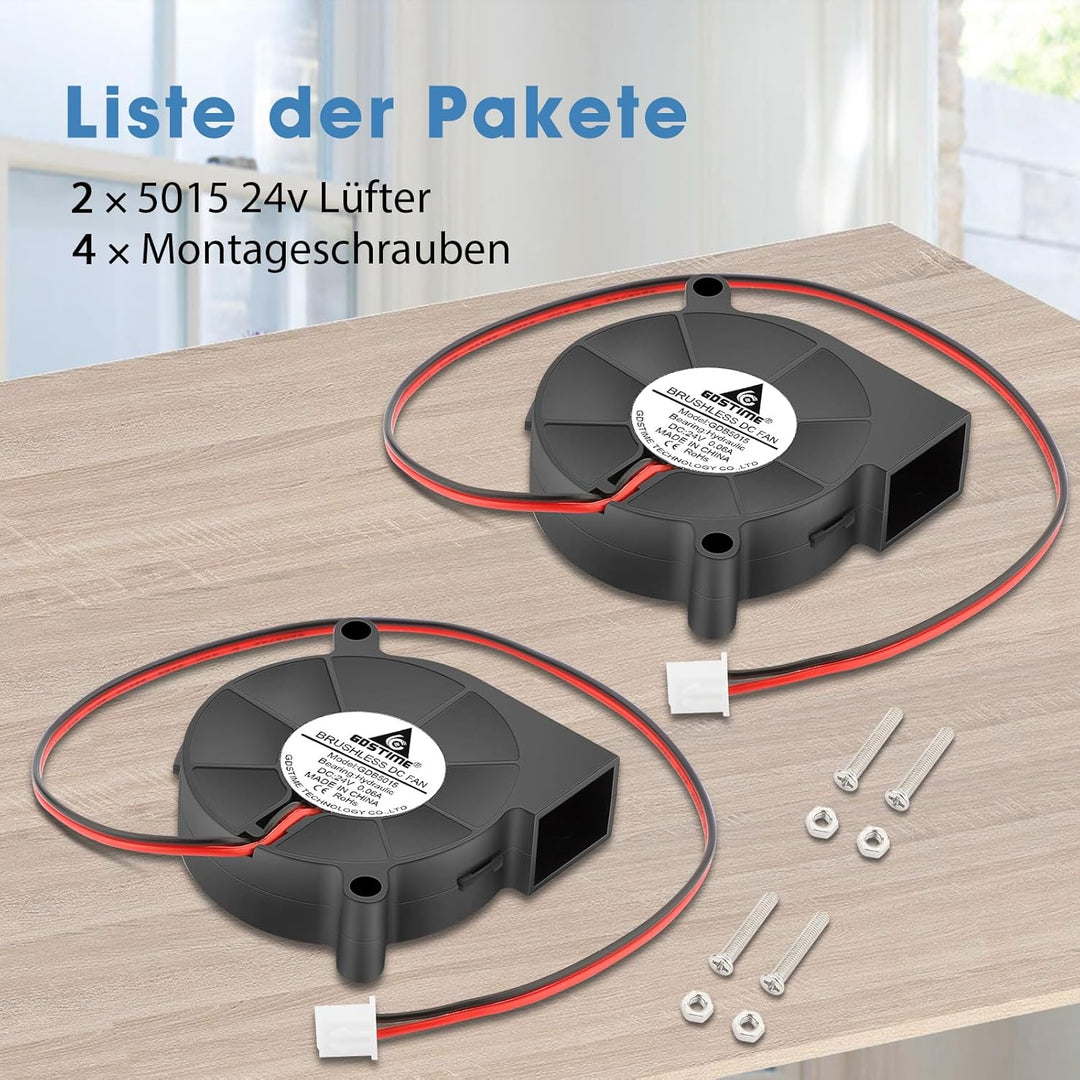 GDSTIME 2 Stück 5015 Gebläse Lüfter 50 x 15mm 24V Turbinen Turbo 50mm Kühlung Ventilator 4000 U/min