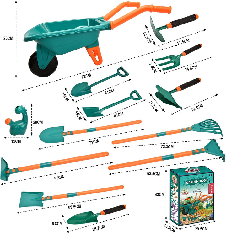 Schubkarre für Kinder - Kinder Gartengeräte Set 13 Teile | Gartenwerkzeug &amp; Sandspielzeug mit Schubk