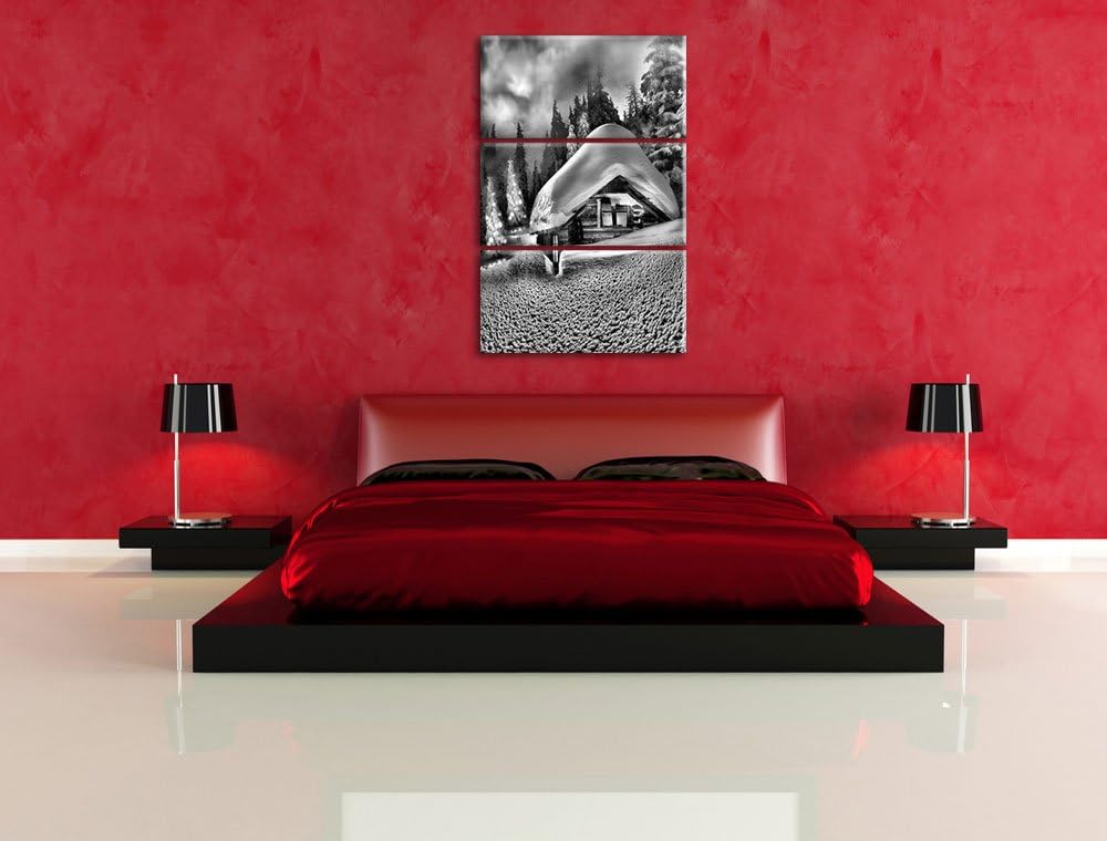 Pixxprint Hütte in Schneelandschaft als Leinwandbild/Grösse: 3 Teilig (120x80 cm) cm/Wandbild/Kunstd
