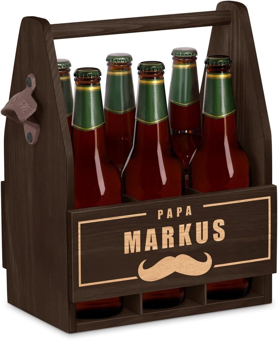 Maverton Bierträger für 6 Flaschen 0,5L + Gravur - Männerhandtasche mit Flaschenöffner - Grösse: 25x