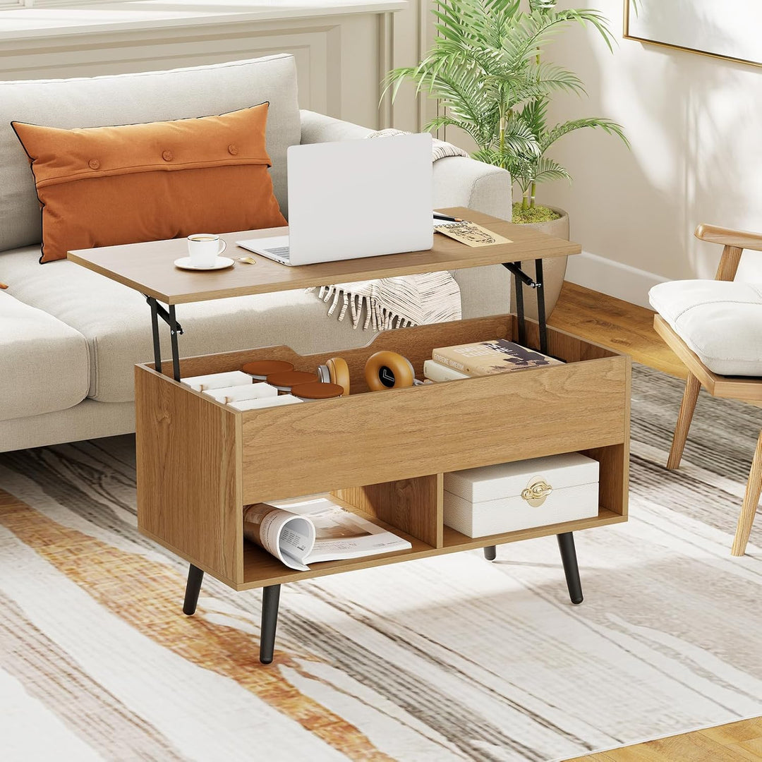COSTWAY Couchtisch höhenverstellbar, Sofatisch mit anhebbarer Tischplatte & 2 offenen Regalen, auszi