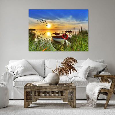 Bilder auf Leinwand 100x70cm Leinwandbild Boot See Sonnenuntergang Sommer Menschen Gross Wanddeko Bi