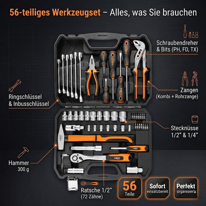 NEO TOOLS Universal Werkzeugkoffer 56-teilig mit Ratsche und Stecknüssen | CrV- und S2-Stahl; 72-Zah