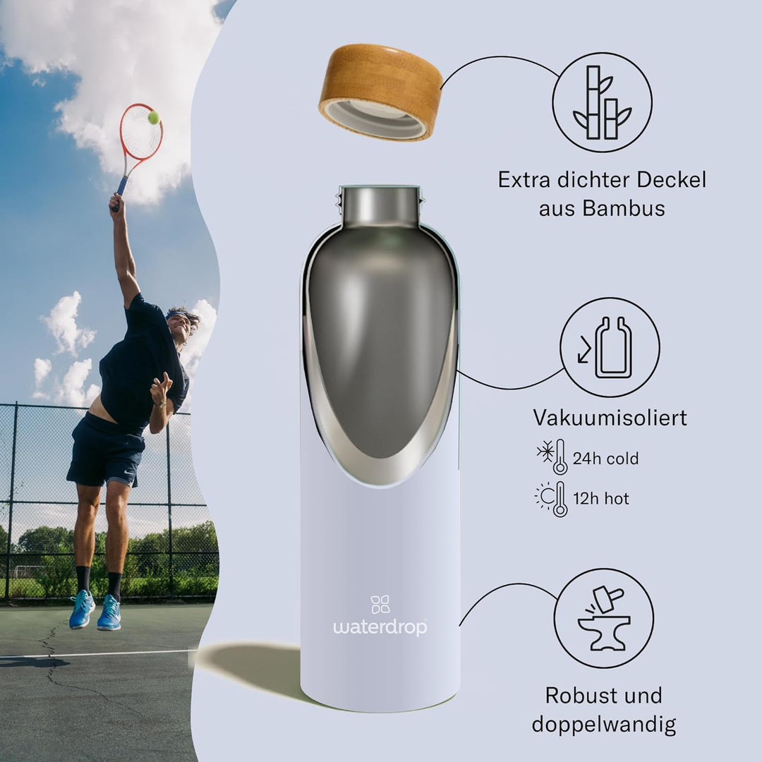 waterdrop® Edelstahl Trinkflasche 600ml - auslaufsichere Trinkflasche Kohlensäure geeignet - doppelw