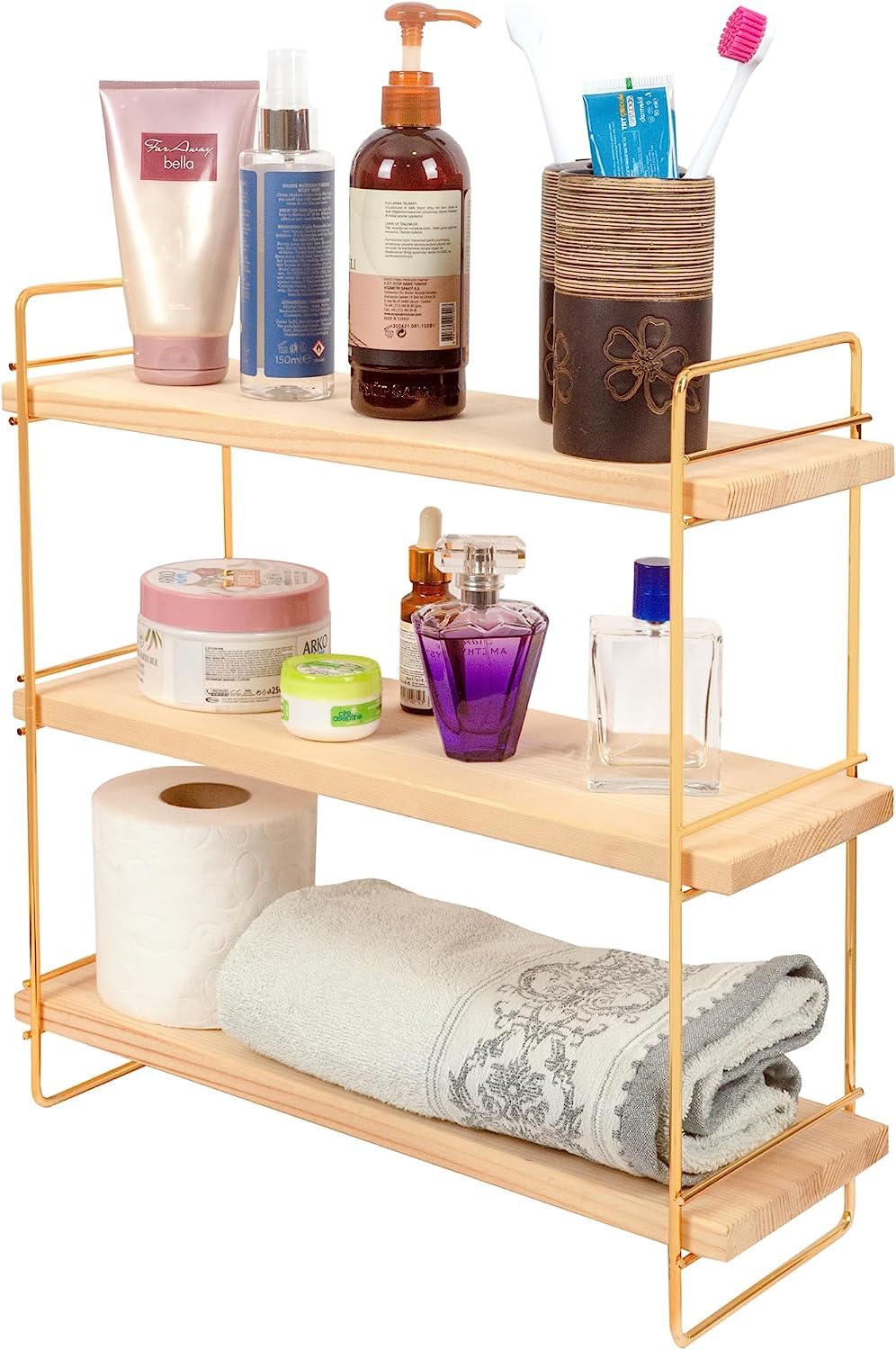 Ndeko Arbeitsplatte Regal aus Holz und Metall Gold mit 3 Ablagen, Badregal, Holzregal, Regalbrett Or