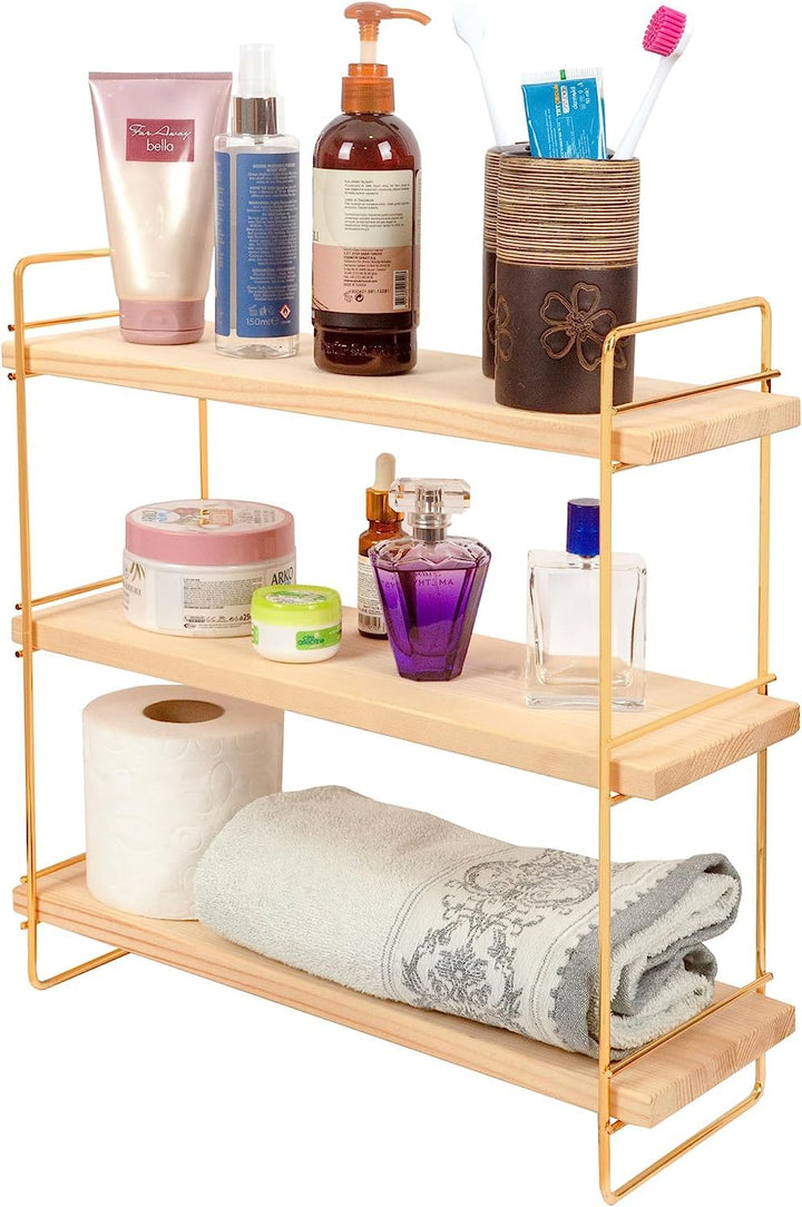 Ndeko Arbeitsplatte Regal aus Holz und Metall Gold mit 3 Ablagen, Badregal, Holzregal, Regalbrett Or