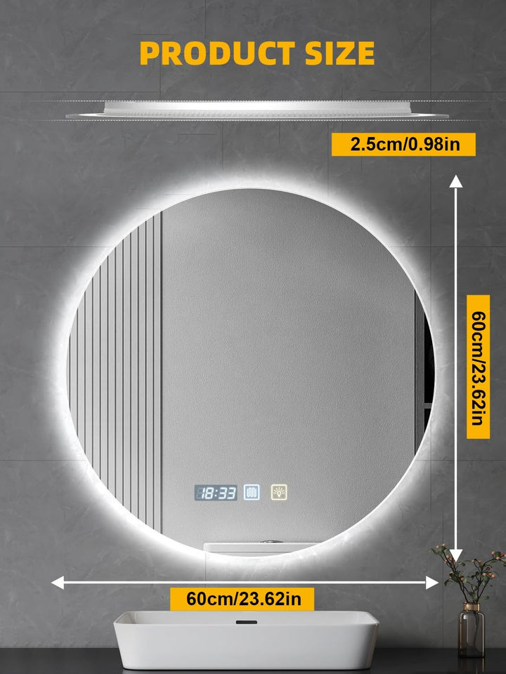 600mm Badspiegel mit Beleuchtung Dimmbar | Badezimmerspiegel mit Touch-Schalter Antibeschlag Timerfu