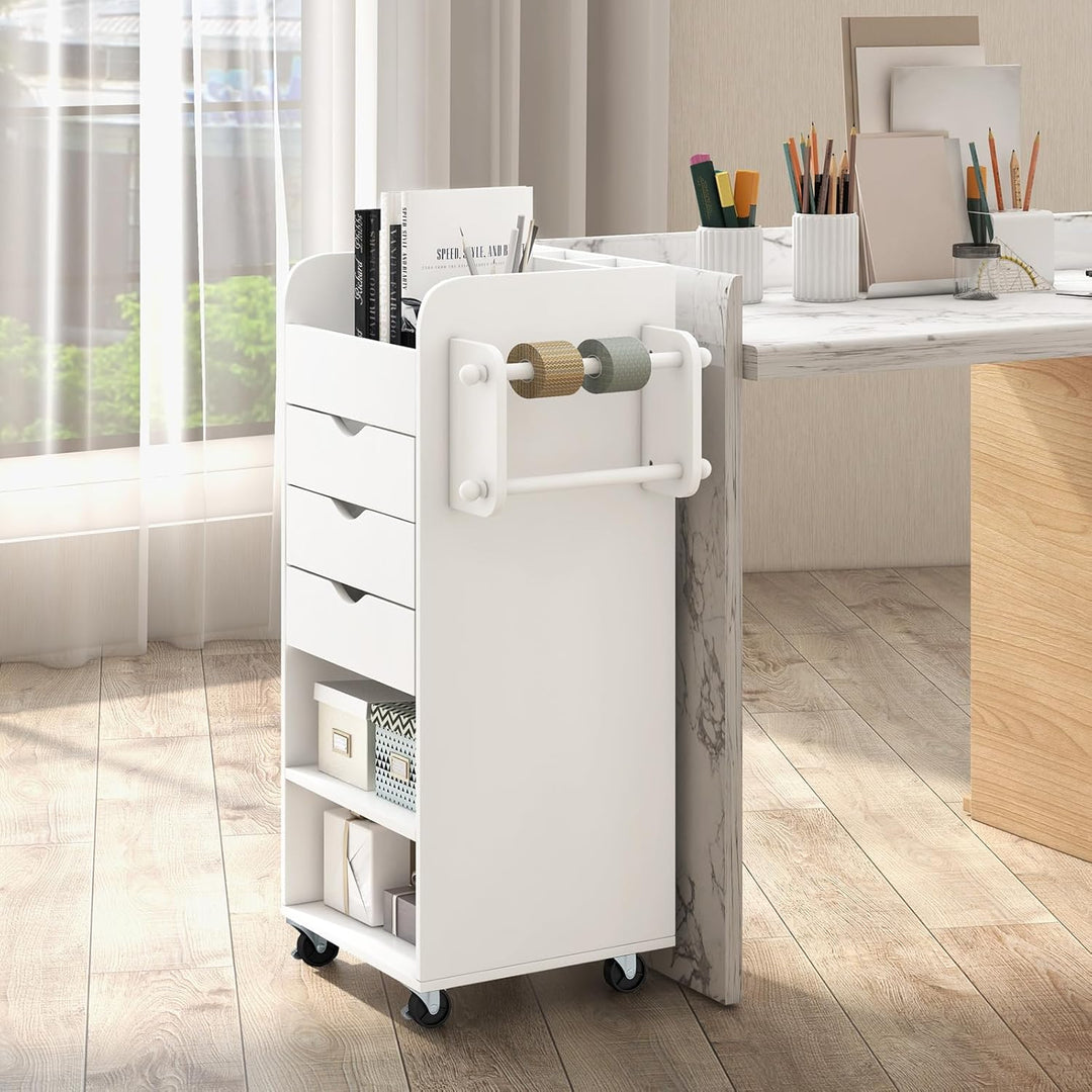 COSTWAY Rollcontainer mit 3 Schubladen, Bastelwagen mit 2 Rollstangen & 3 Fächern, Schubladenschrank