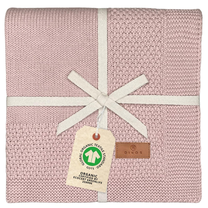 DIKOS® Babydecke GOTS *100%* Bio Baumwolle Altrosa | Neugeborenen Baby Decke | Strickdecke mit Bordü