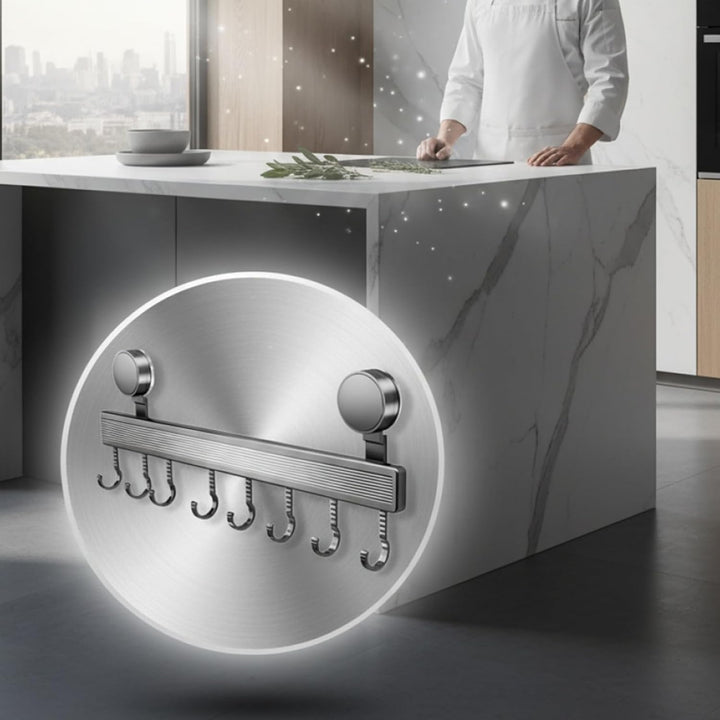 Saug-Hakenleiste für die Küche, 40 cm langer Aluminium-Utensilienhalter mit 8 Haken, bohrfreie Wandm