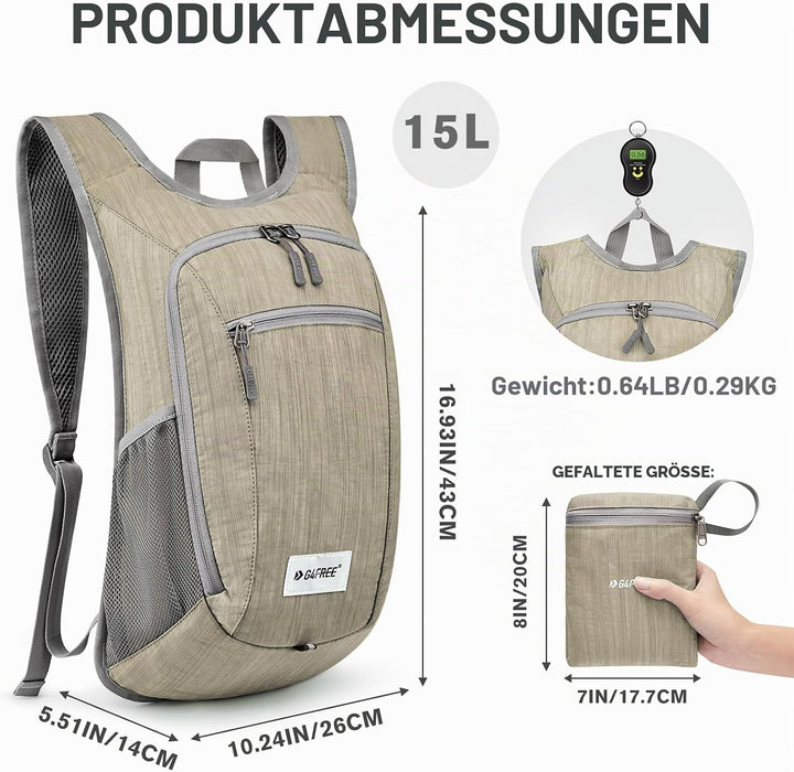 G4Free Kleiner Rucksack, faltbar, 10/15 l, leicht und faltbar, für den Aussenbereich, Reiserucksack,