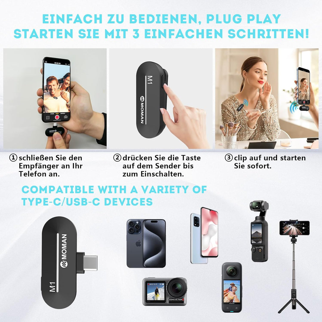 Moman Lavalier-Funkmikrofon-Ansteckmikrofon-USB-C-Kabellos 2.4GHz Auto Noise Canceling 120m für Andr