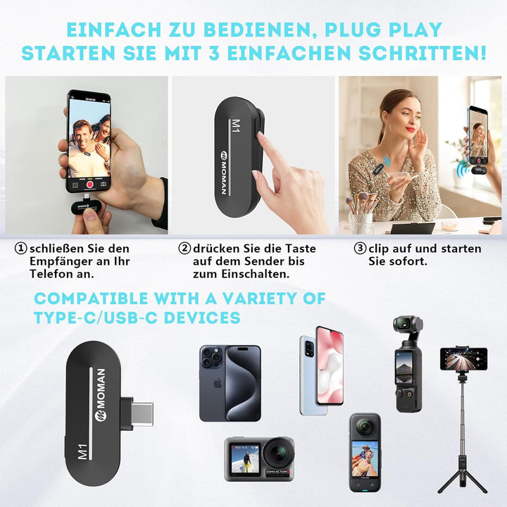 Moman Lavalier-Funkmikrofon-Ansteckmikrofon-USB-C-Kabellos 2.4GHz Auto Noise Canceling 120m für Andr