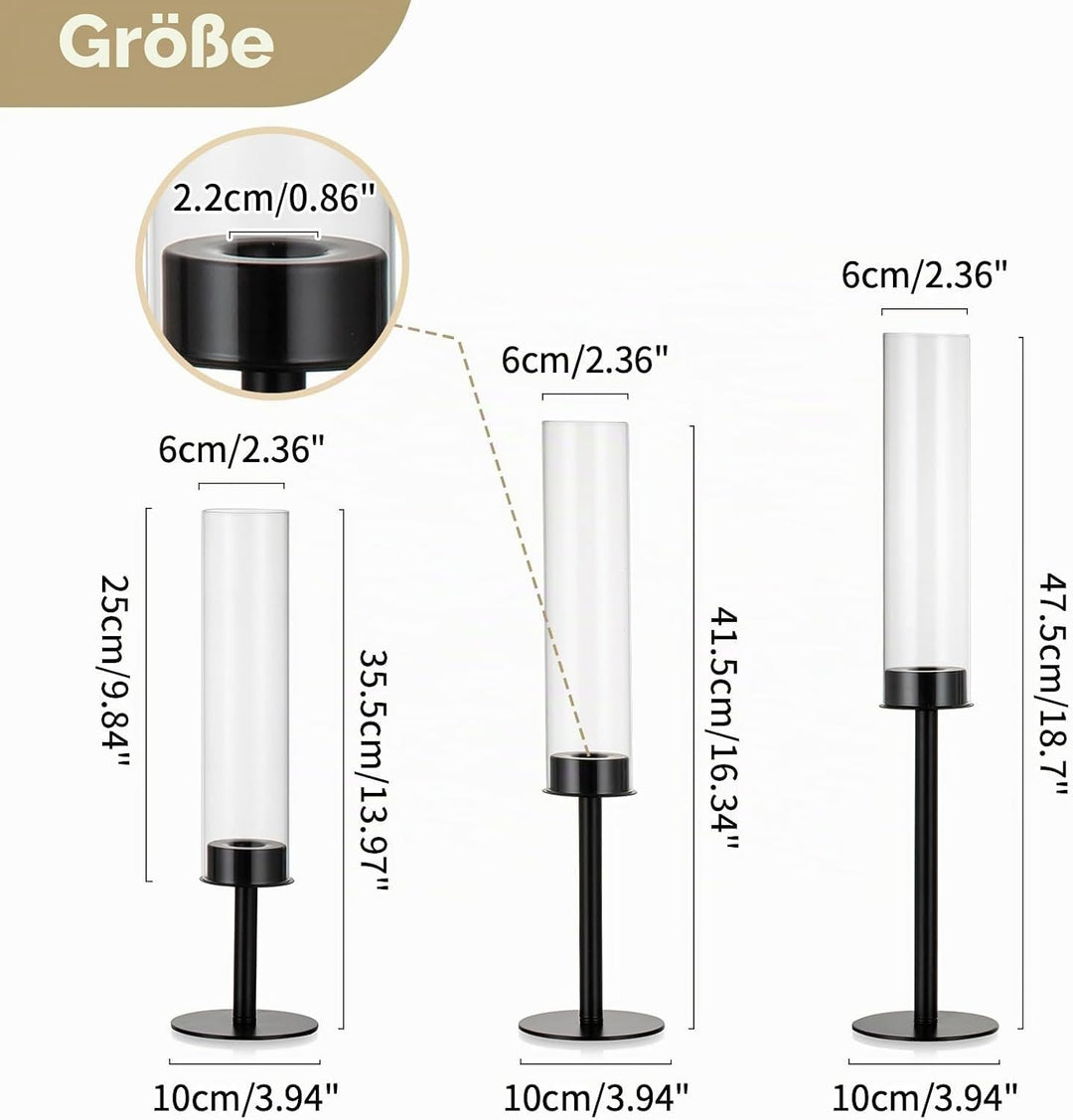 Nuptio Kerzenhalter Kerzenständer Schwarz Stabkerzen: Klarglas Metall Glaszylinder für Kerzen Stabke