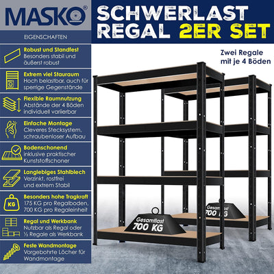 MASKO® 2er-Set Lagerregal Schwerlastregal, Kellerregal, 160 x 80 x 40 cm, bis 700kg belastbar, 4 ver