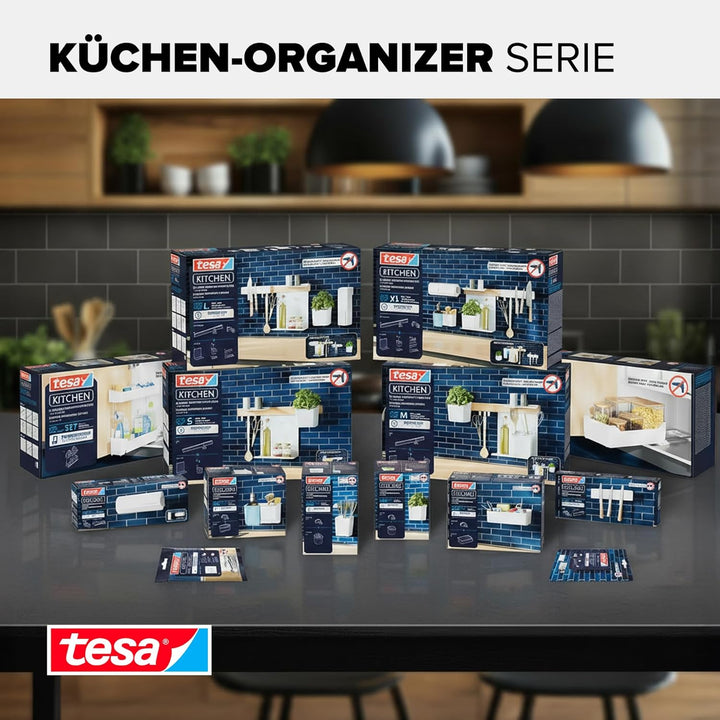 tesa Küchen-Organizer Kombi-Set XL - selbstklebende Küchenleiste, Kräutertopf, 2 Ablagen, Spül-Organ