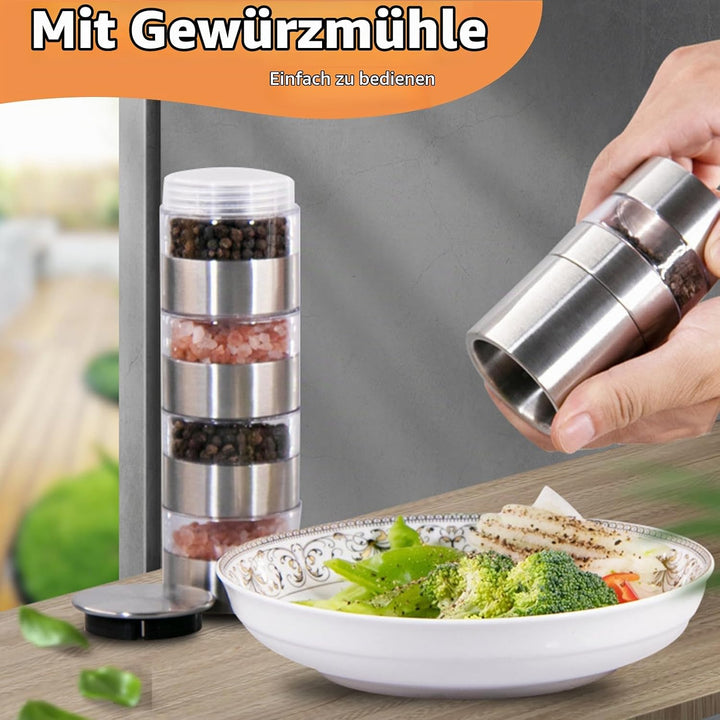 5 in 1 Gewürzstreuer, Edelstahl Gewürzmühle Set, Gewürzdosen Mini Gewürzmühle, Chef Mini Salz- und P