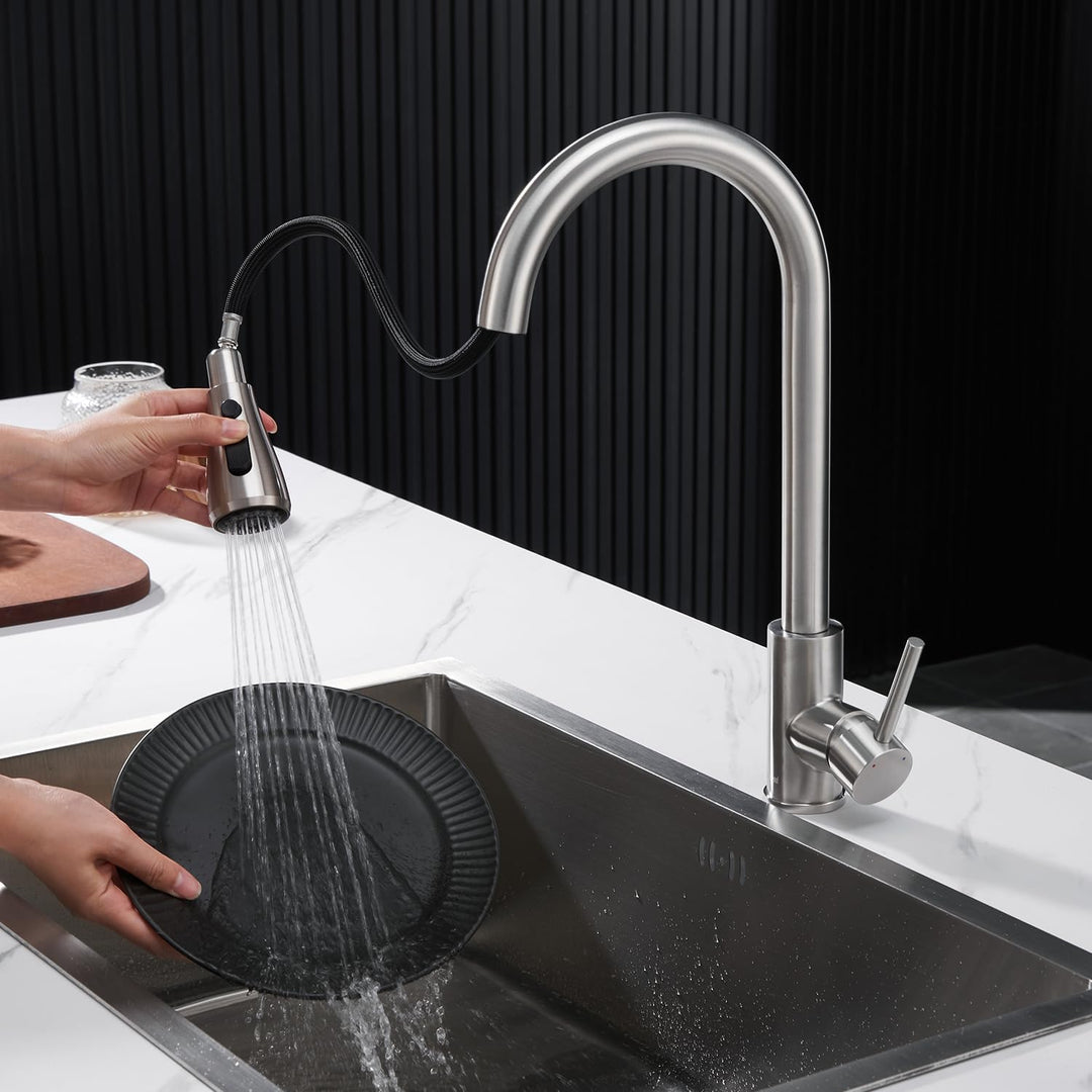 Wasserhahn Küche Ausziehbar – Hochdruck Einhebel Mischbatterie Küche mit 3 Strahlarten, 360° drehbar