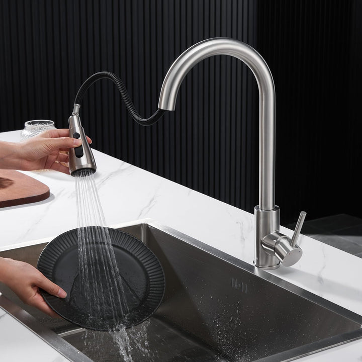 Wasserhahn Küche Ausziehbar – Hochdruck Einhebel Mischbatterie Küche mit 3 Strahlarten, 360° drehbar