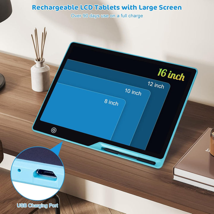LCD Schreibtafel Kinder 16 Zoll Wiederaufladbar, Maltafel Zaubertafel Bunter Bildschirm Kleinkinder