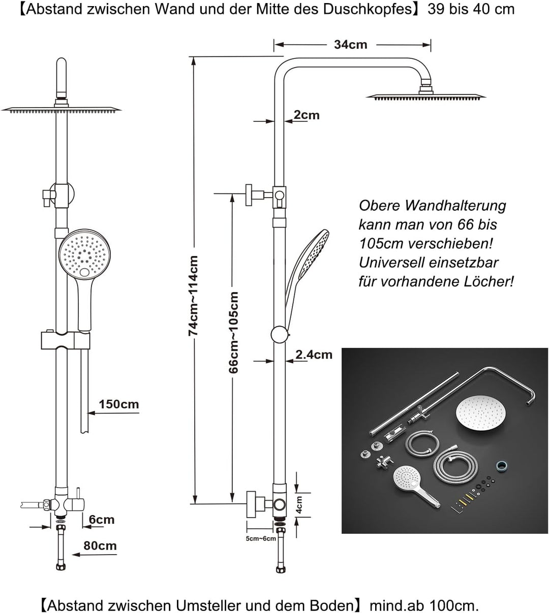 JOHO Edelstahl Duschset ohne Armatur, chrom Duschsystem, Regendusche set, Überkopfbrause set, Duschg