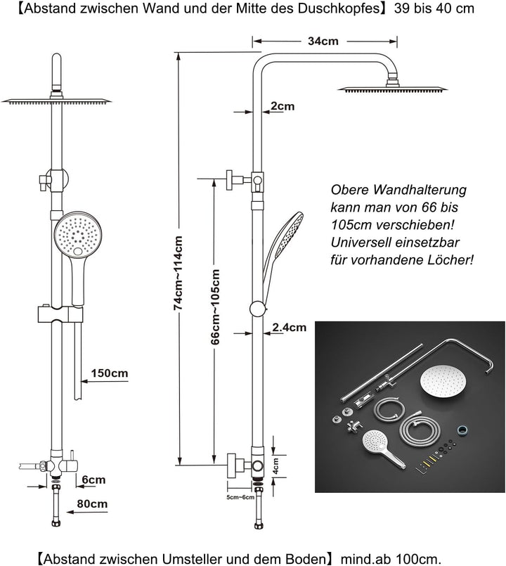 JOHO Edelstahl Duschset ohne Armatur, chrom Duschsystem, Regendusche set, Überkopfbrause set, Duschg