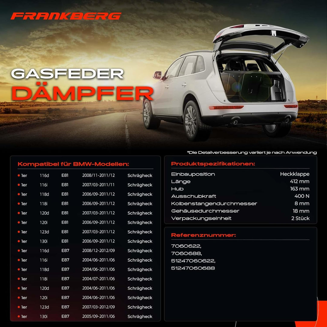 Frankberg 2x Gasfeder Dämpfer Heckklappe Kompatibel mit 1er E81 1.6L-3.0L Schrägheck 2006-2011 1er E
