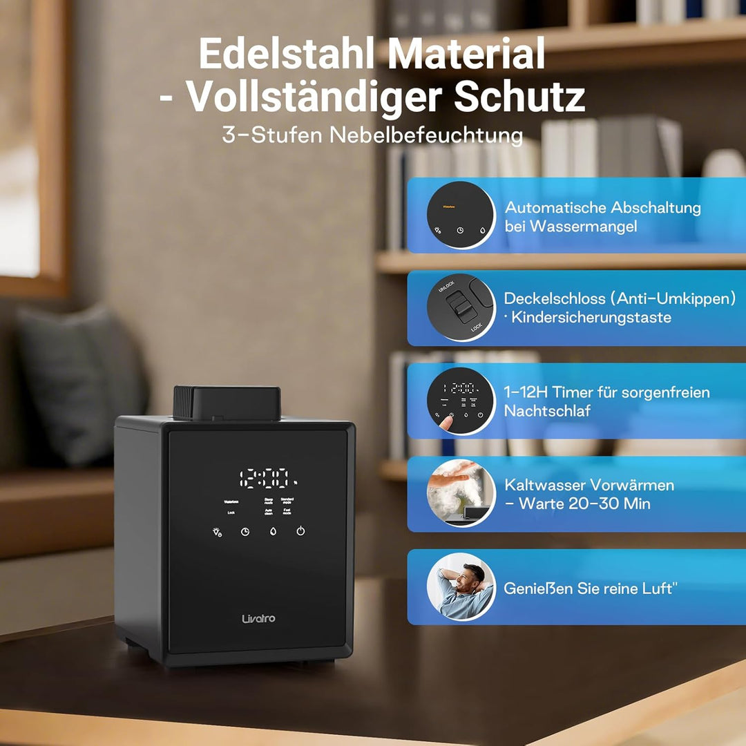 Luftbefeuchter Schlafzimmer Top-Fill, 3L Edelstahl Warmnebel Luftbefeuchter, Reduziert 99,97% der Ba