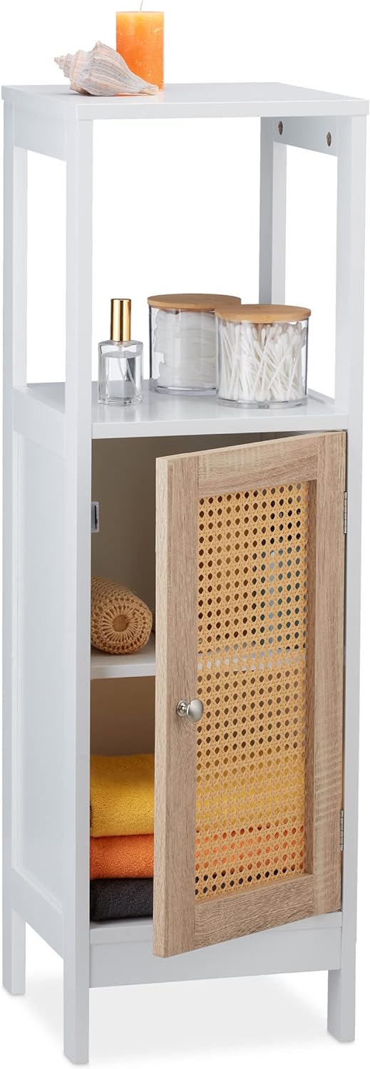 Relaxdays Badezimmerschrank, 3 Fächer, HBT 96,5 x 30 x 30 cm, schmal, MDF, Rattanoptik, Midischrank