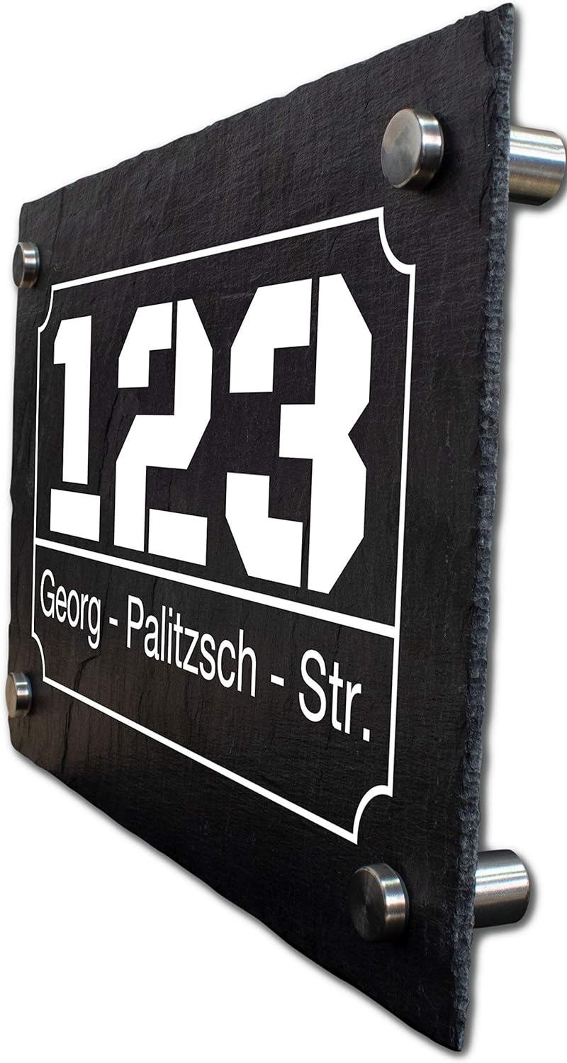 wandmotiv24 Personalisierte Hausnummer Hausnummernschild aus Naturstein Schiefer, auf Schiefertafel,