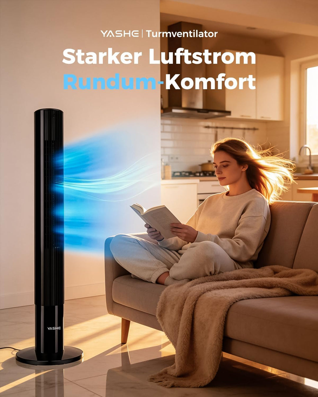 YASHE Turmventilator mit Fernbedienung, leiser Standventilator mit 28 dB, 3 Geschwindigkeiten, 2 Mod
