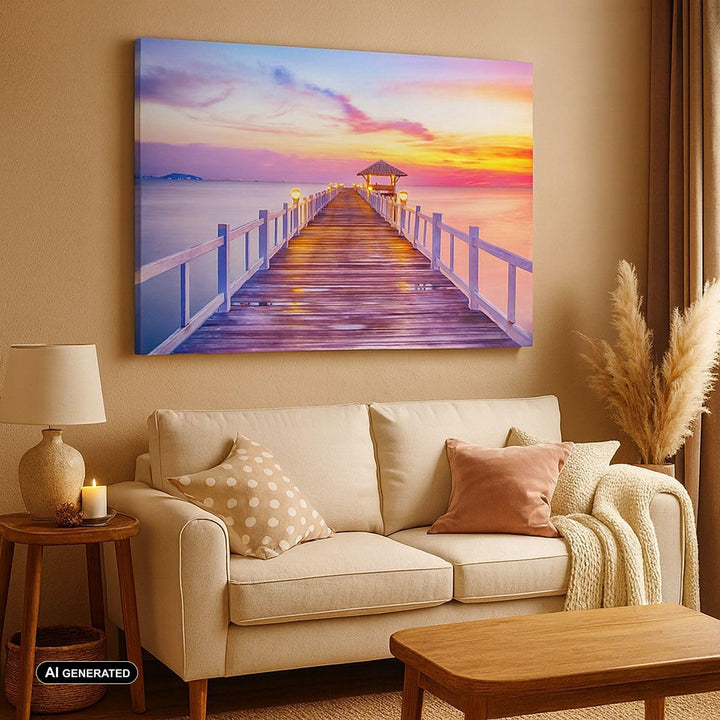 Bilder auf Leinwand Sonnenuntergang Wasser Brücke Horizont Leinwandbild 70x50cm Wandbilder Dekoratio