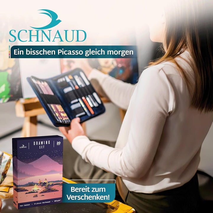 SCHNAUD Zeichenset für Anfänger mit Online-Kurs – 7 Bleistifte, 2 Kohlestifte und Zeichnen Zubehör,